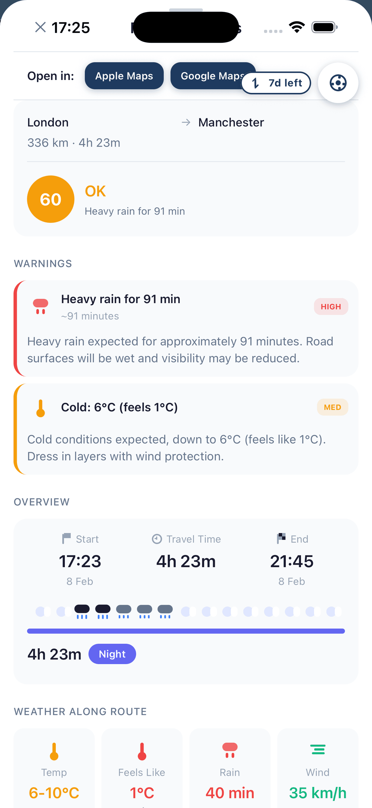 ClearRide Ride Score showing weather conditions