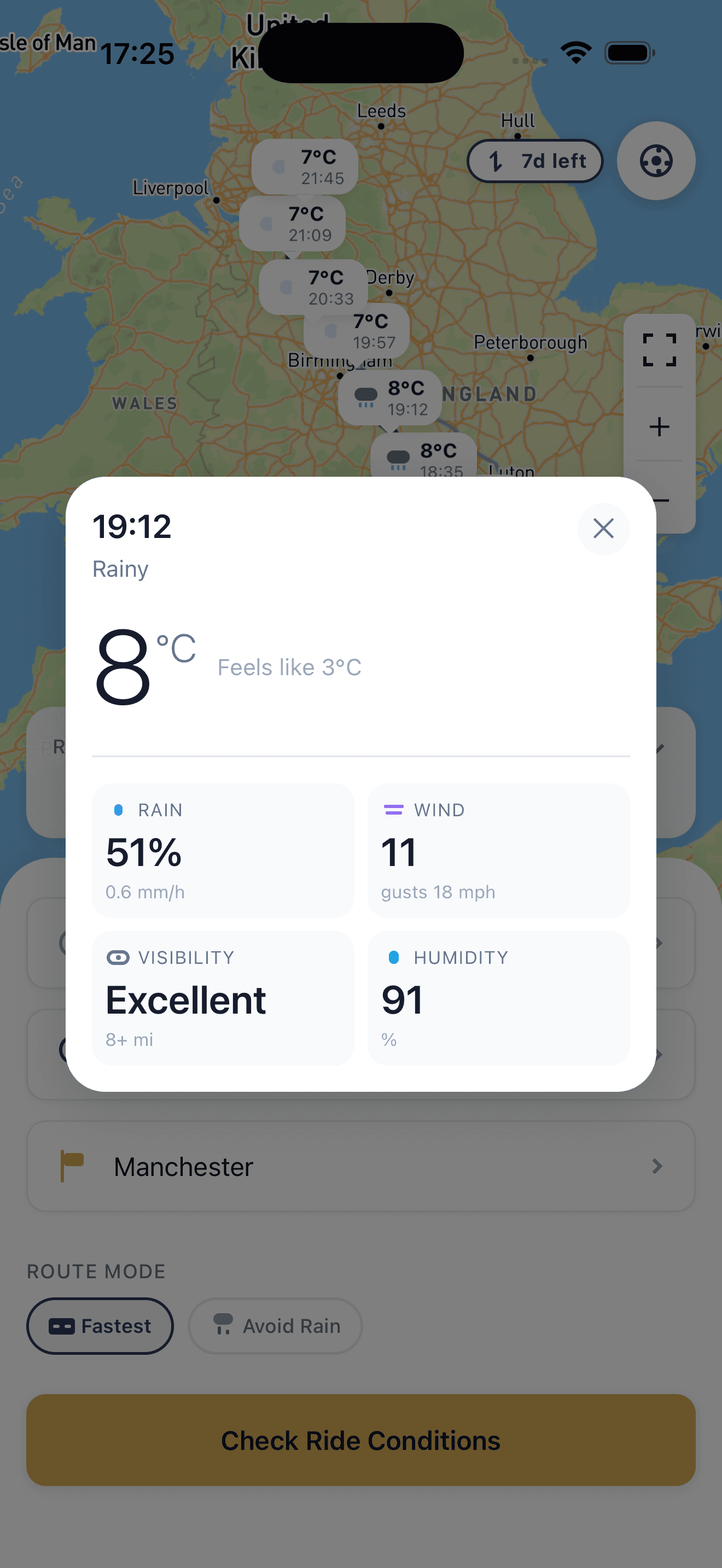 ClearRide detailed weather timeline along route